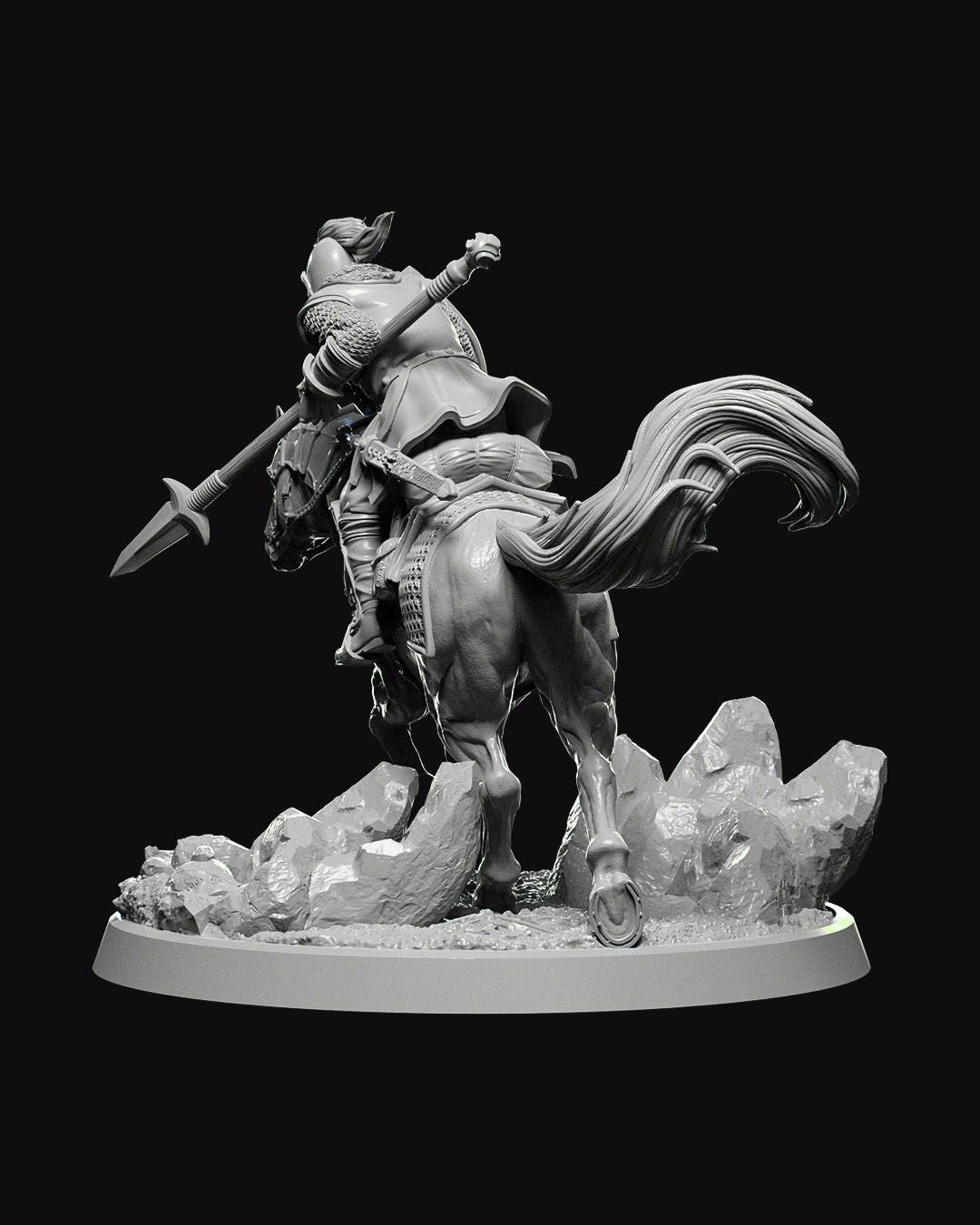 Rear view of Town Cavalry miniature with an armored rider on a warhorse, wielding a lance, set on a rocky base.