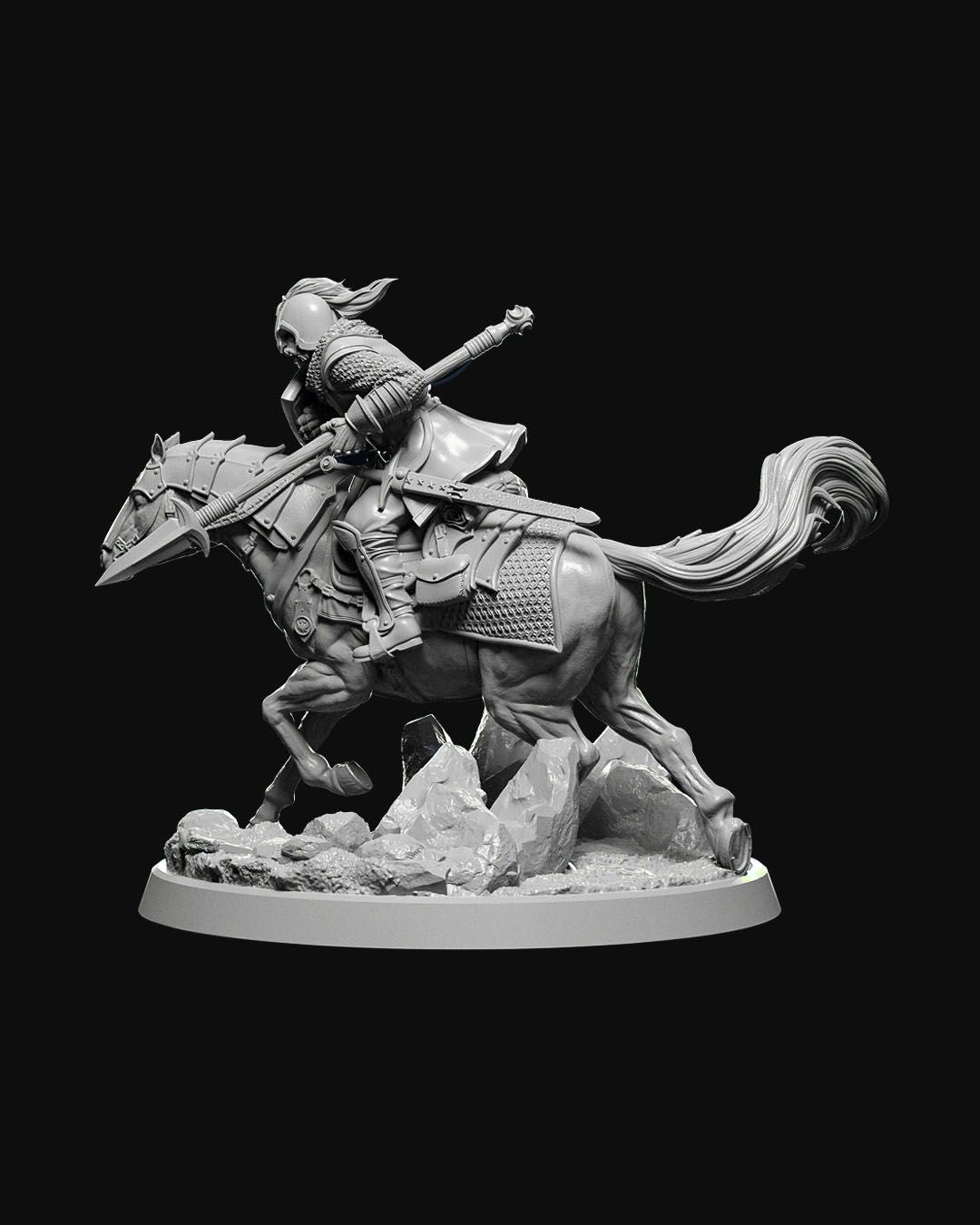 Side view of Town Cavalry miniature showing an armored rider on a galloping warhorse, gripping a lance, designed for tabletop RPGs.