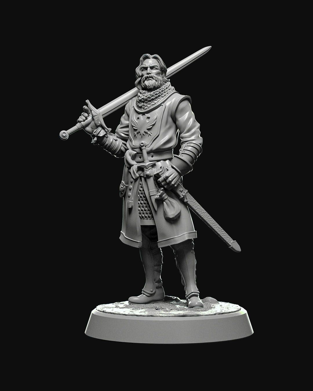 3D-printed miniature of a Town Guard wielding a longsword, clad in armor and chainmail, standing confidently.