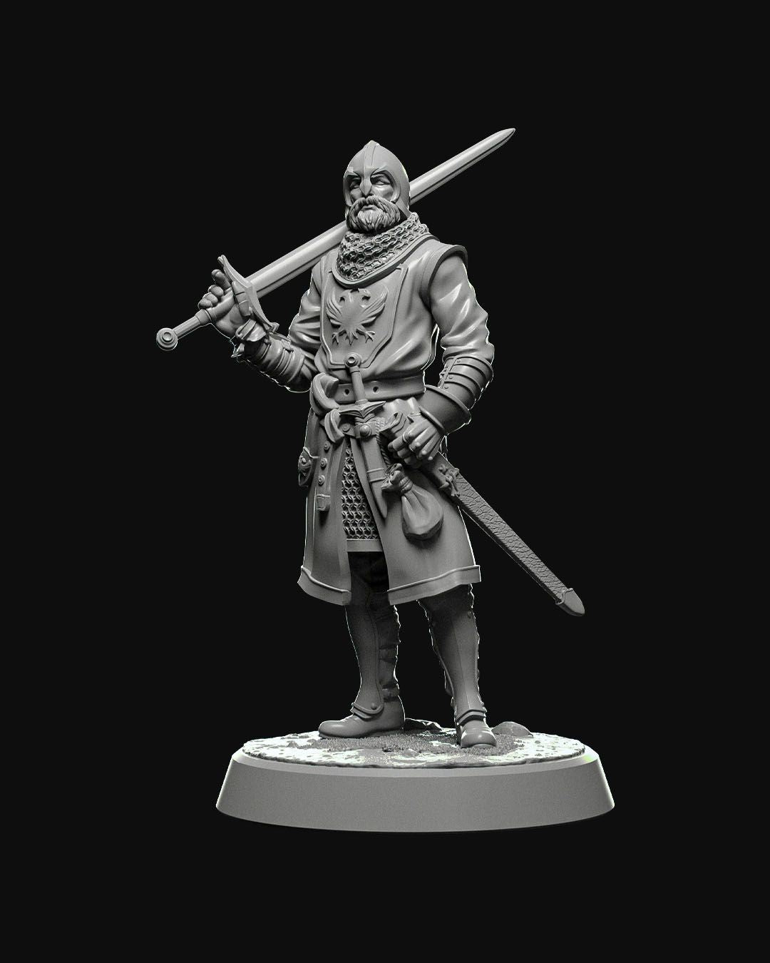 3D-printed miniature of a Town Guard with a helmet, holding a longsword, armored with a decorated tunic.