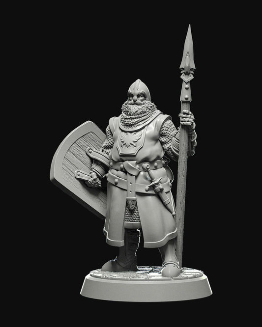 3D-printed miniature of a Town Guard in full armor holding a spear and a wooden shield, ready for defense.