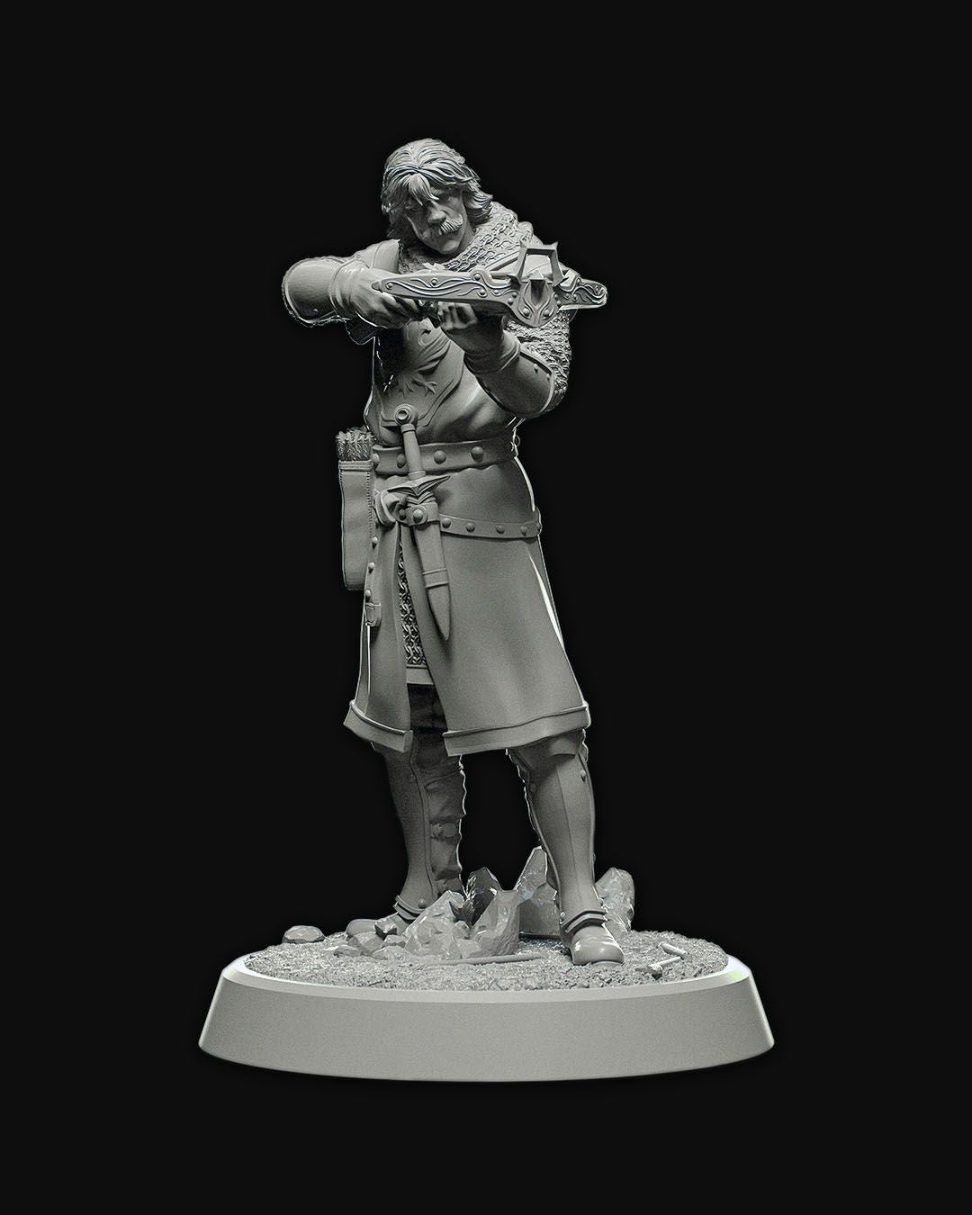 3D-printed miniature of a Town Guard aiming a crossbow, detailed armor, chainmail, and utility pouches.