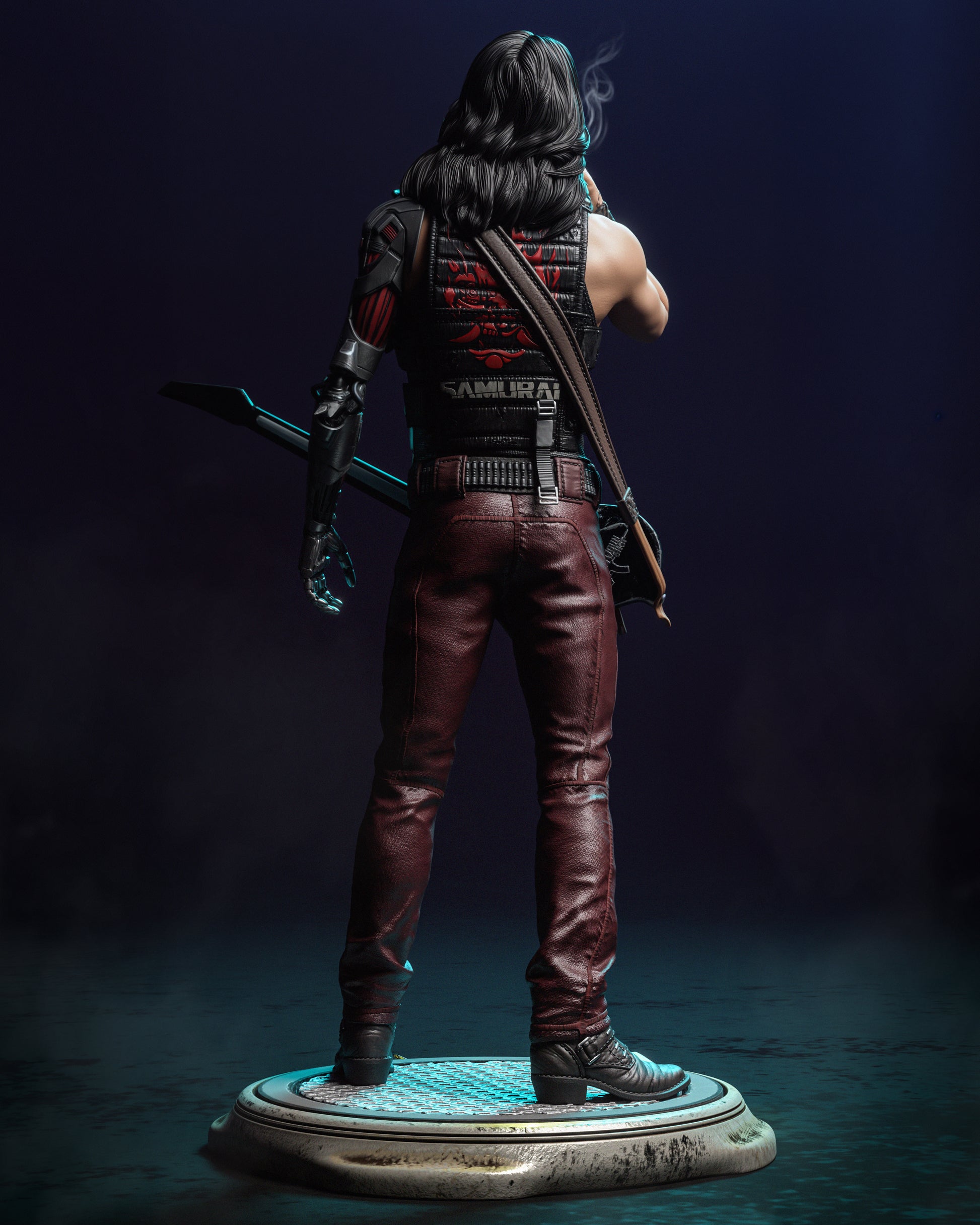 Johnny Silverhand Cyberpunk 2077 figure back view with long hair, Samurai logo on vest, cybernetic arm, and guitar strap