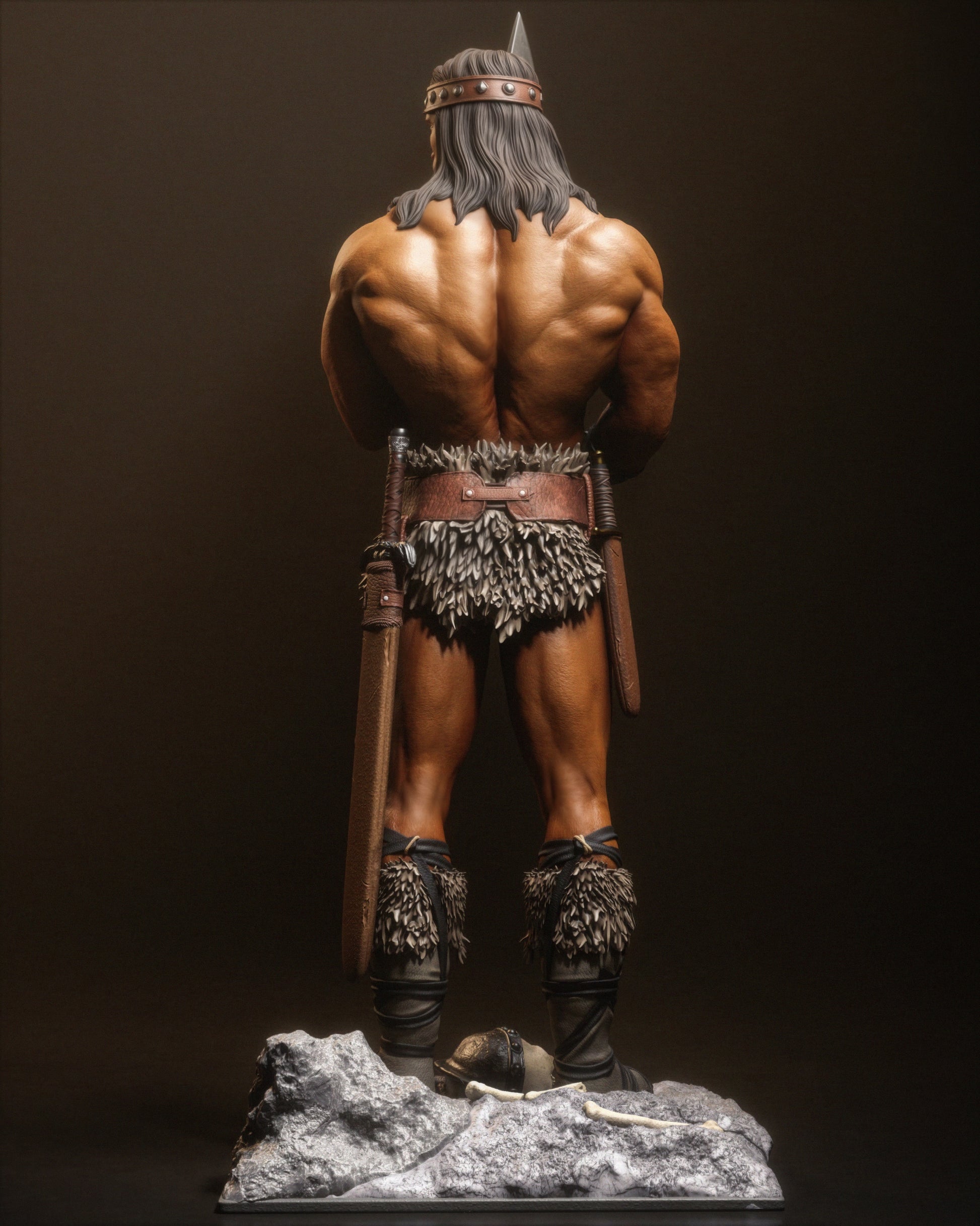 Back view of Conan the Barbarian holding a broadsword, showing muscular build, fur boots, and dual sheathed swords.