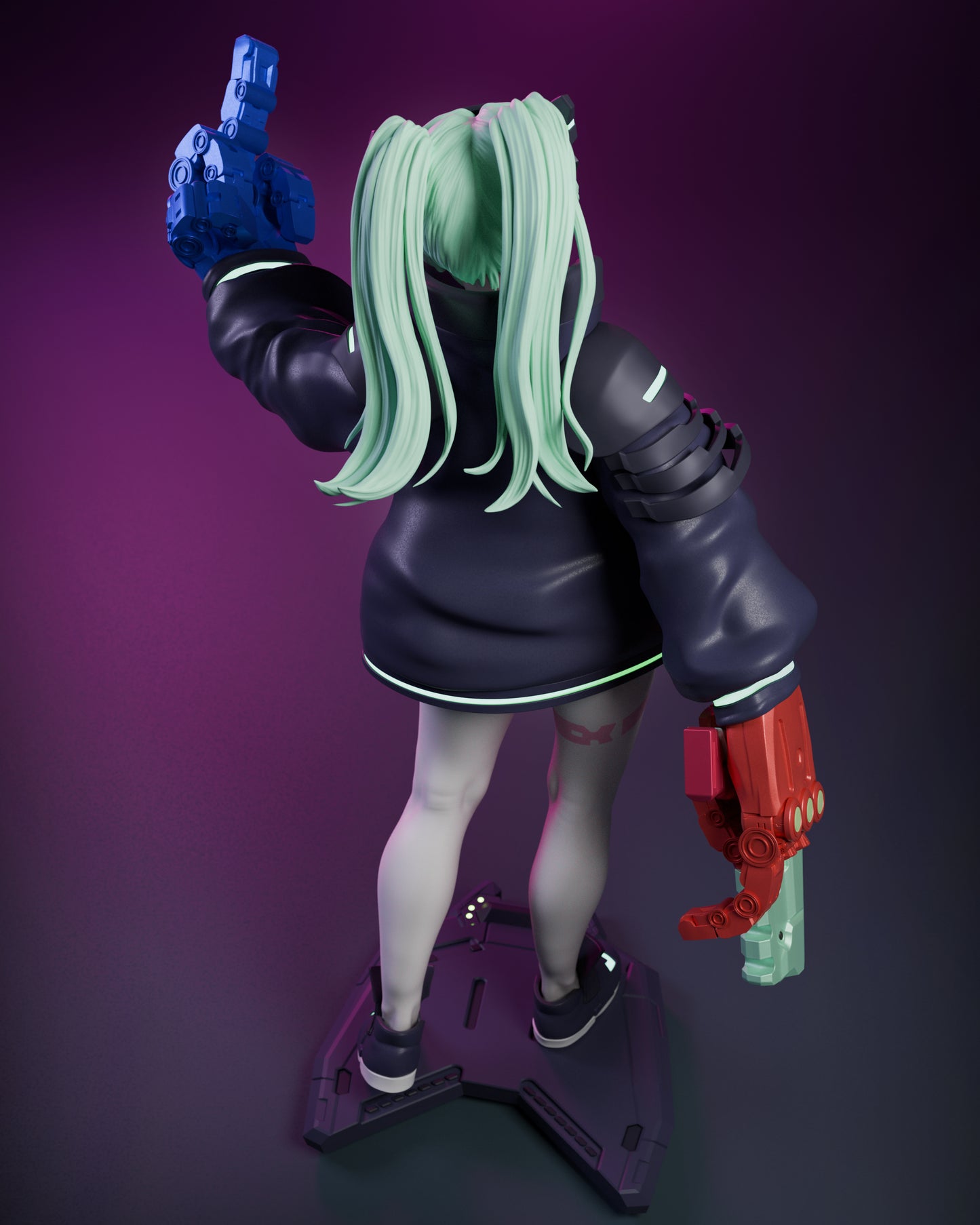 Rebecca Smasher Cyberpunk Edgerunners painted figure back view showing green hair, jacket, and cybernetic arm details.