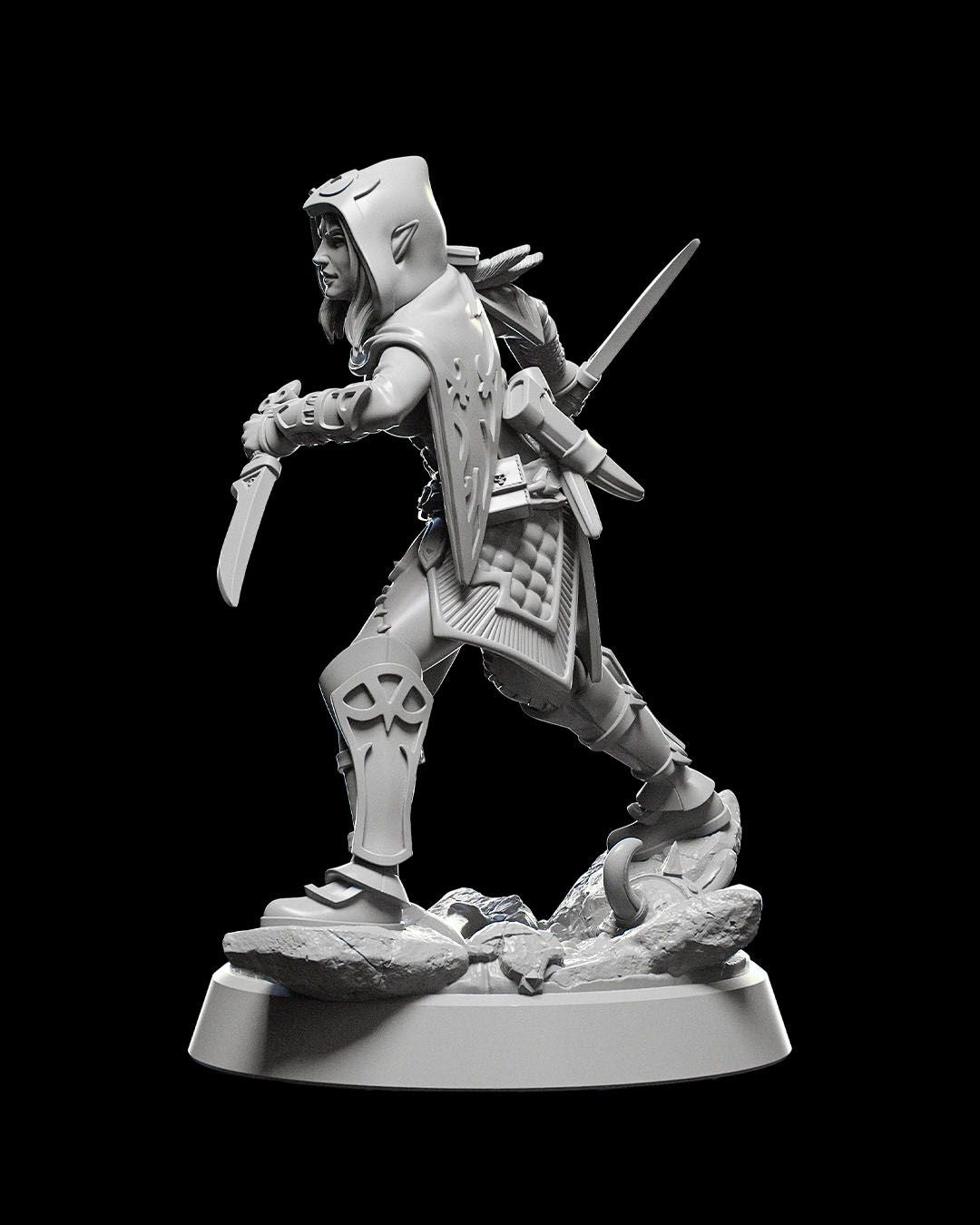 Side view of Triel Beltaulur, an elf rogue miniature, in a dynamic pose with a hooded cloak and dual daggers ready for combat.