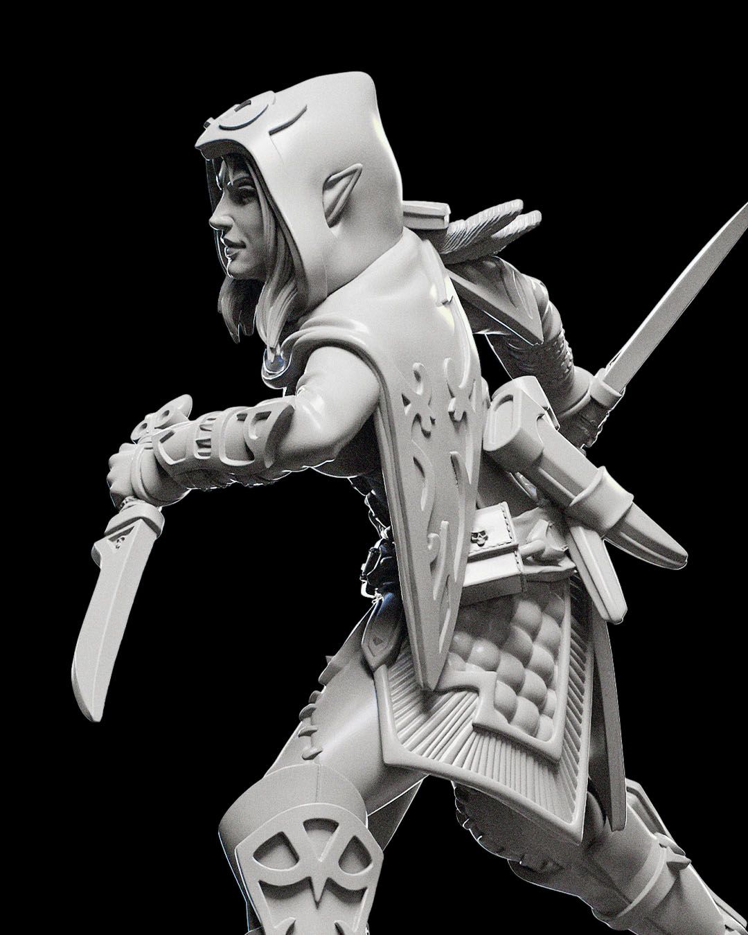 Close-up of Triel Beltaulur, an elf rogue miniature, showing the detailed hooded cloak and dual dagger weapons.