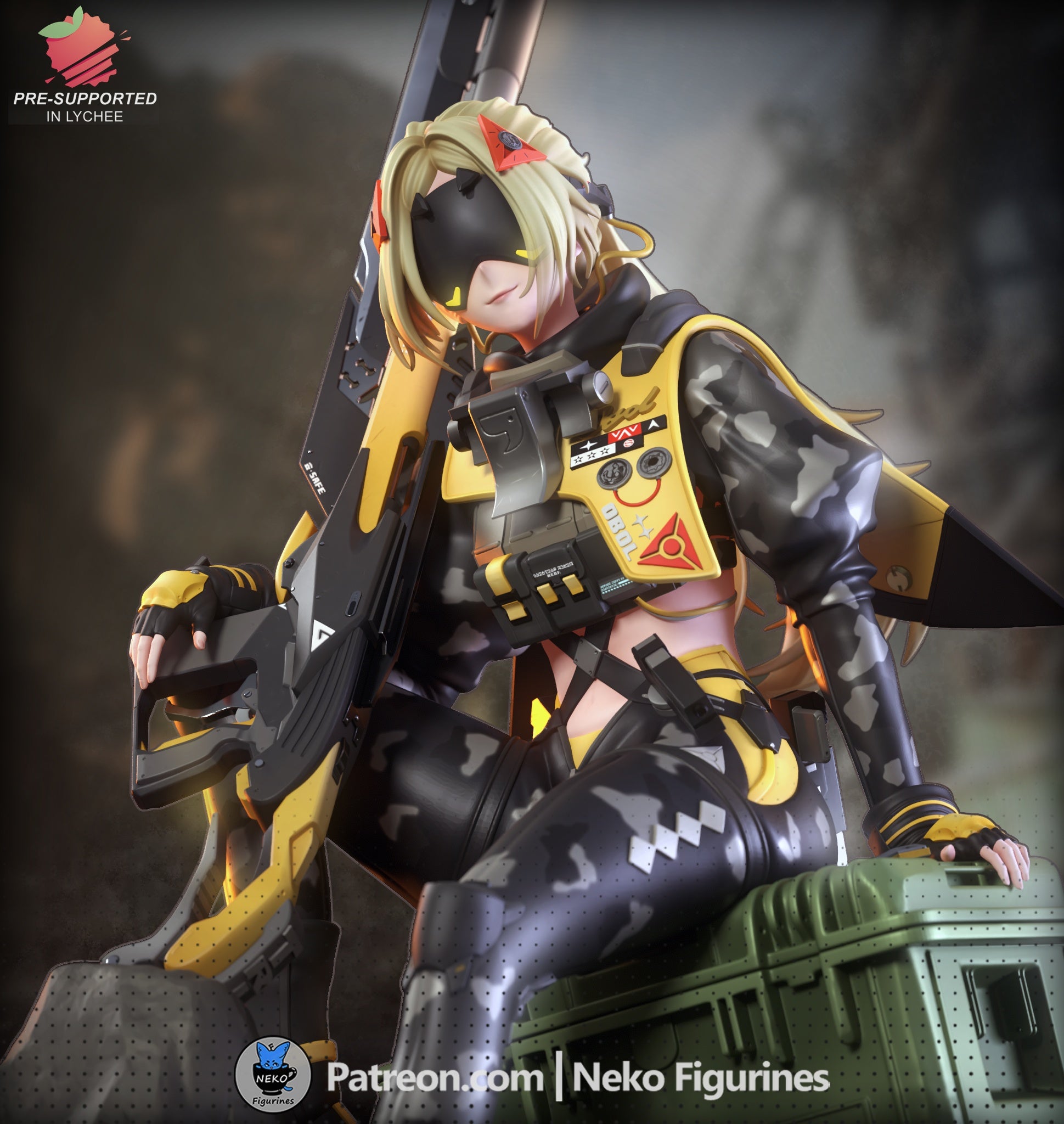 Detailed figurine of Trigger in yellow and black tactical outfit, resting on an ammo case, holding a futuristic sniper rifle.