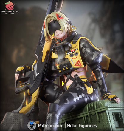 Detailed figurine of Trigger in yellow and black tactical outfit, resting on an ammo case, holding a futuristic sniper rifle.