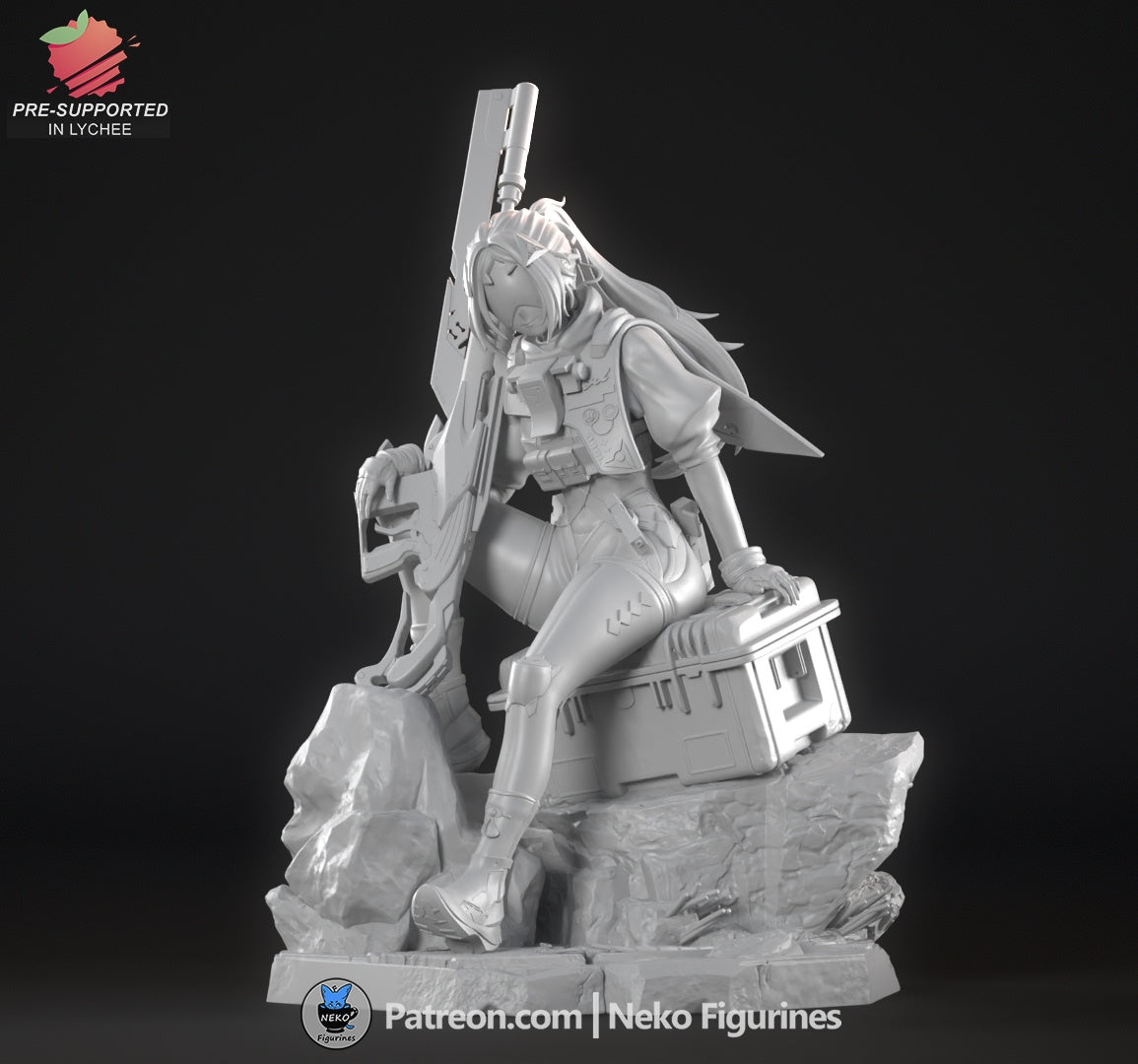 Fully assembled unpainted version of Trigger resting with one hand on her case and sniper rifle upright.