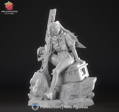 Fully assembled unpainted version of Trigger resting with one hand on her case and sniper rifle upright.