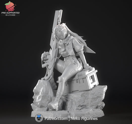 Fully assembled unpainted version of Trigger resting with one hand on her case and sniper rifle upright.