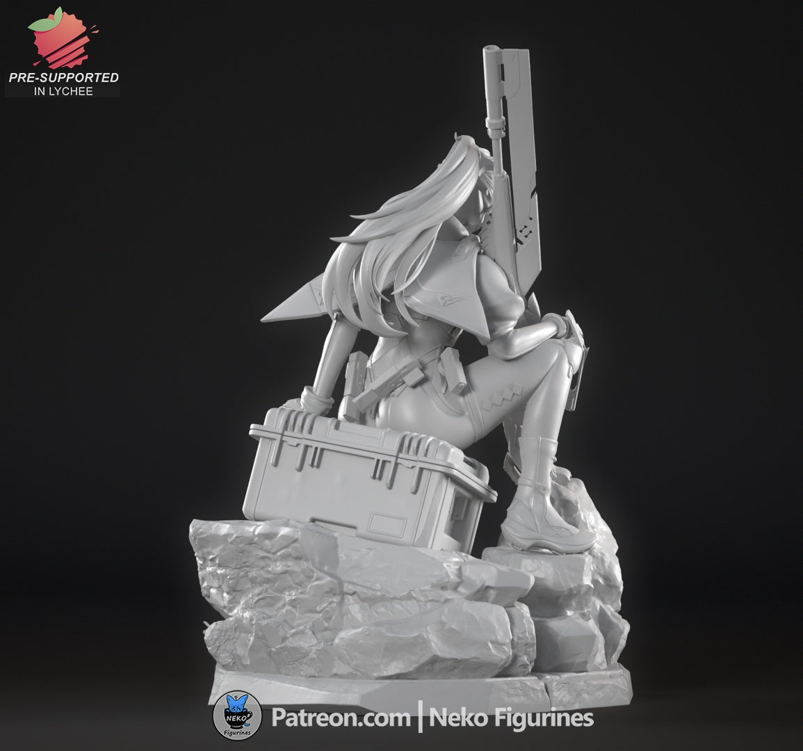 Trigger crouching backwards over a case, sniper rifle raised, with long hair and layered armor visible.