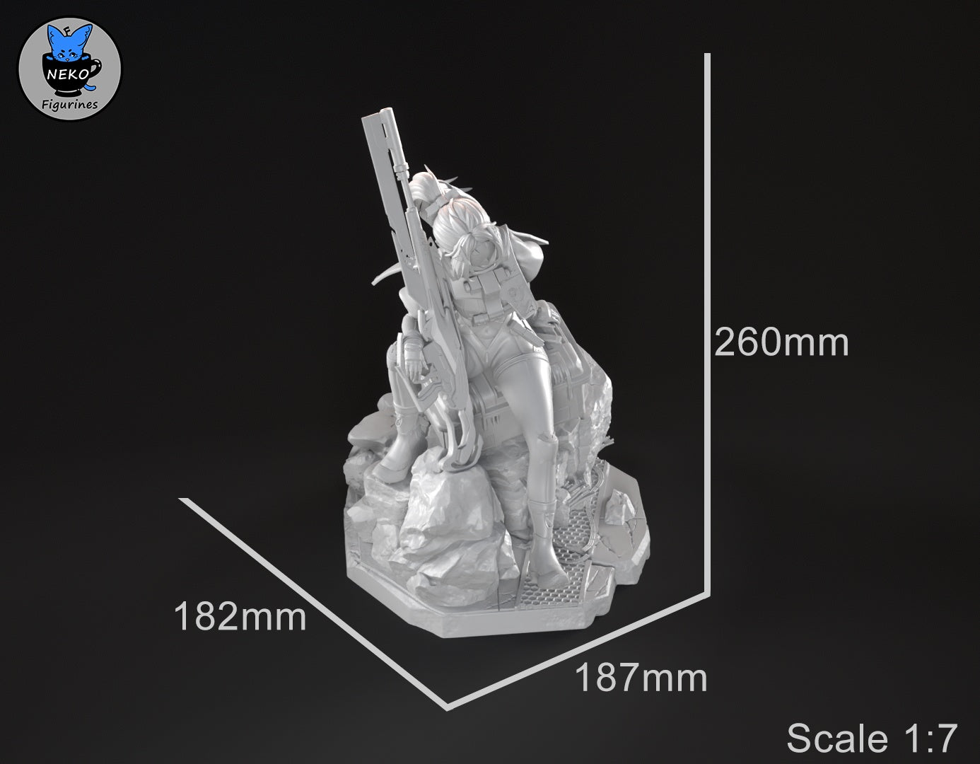 Dimensional render showing full build scale for 1:7 Trigger figure with tactical pose and stone base.