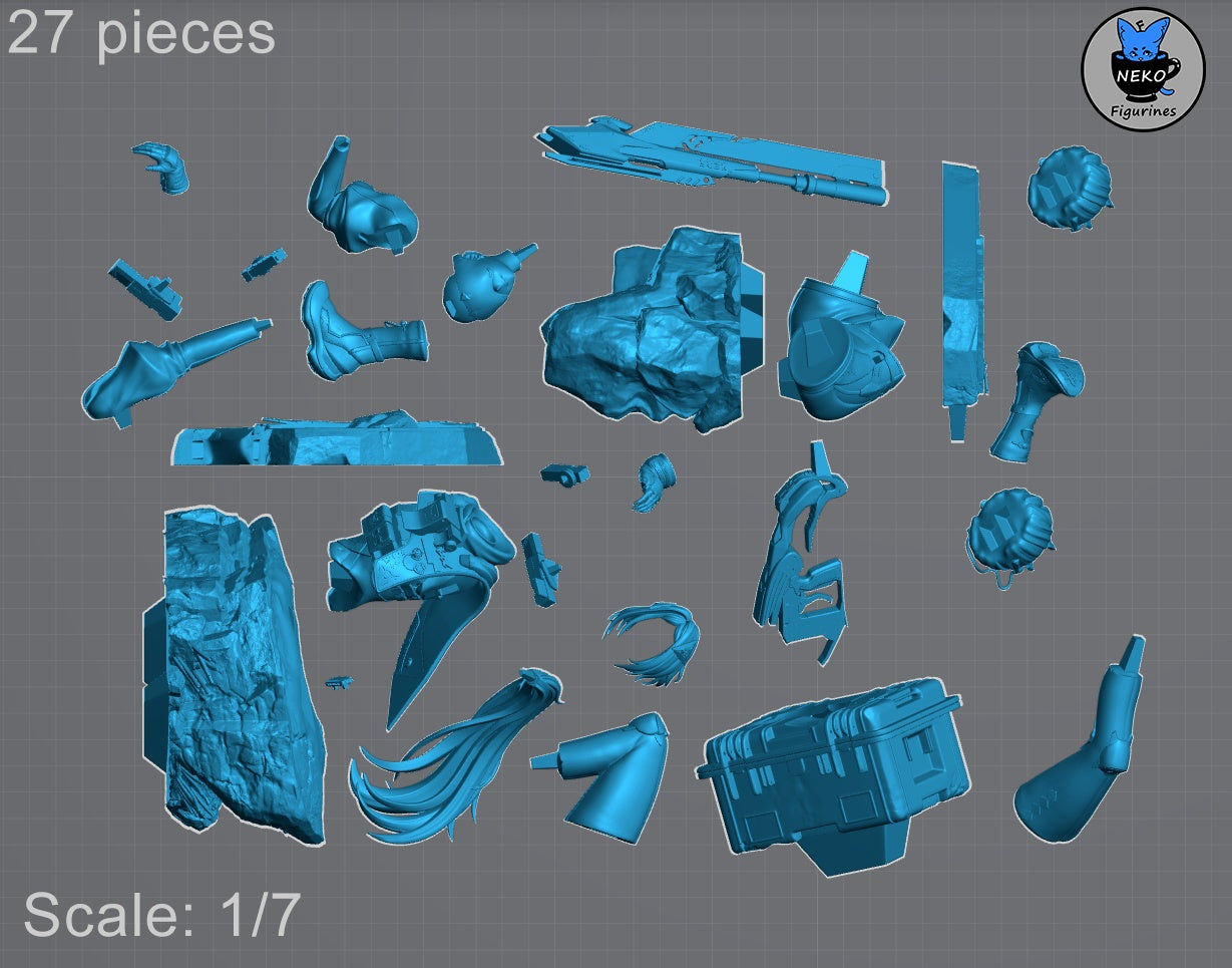 Render showing 27 individual STL components including rifle, limbs, base rocks, and armor segments.