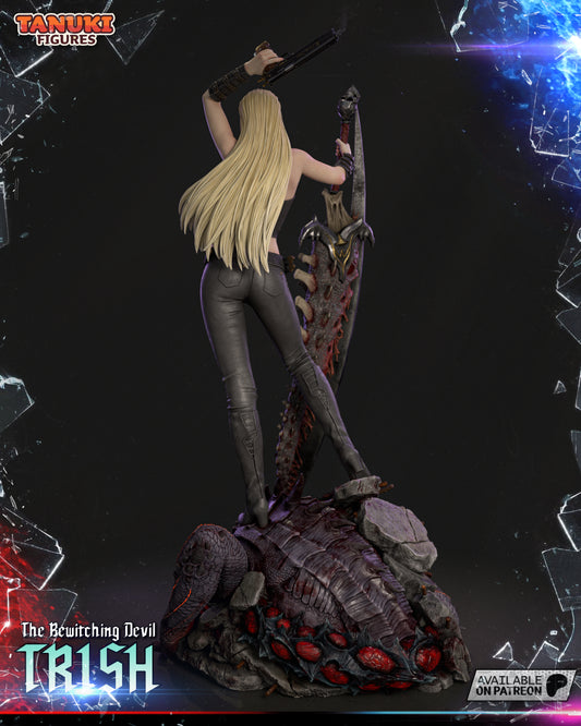 A back view of Trish, highlighting her long blonde hair, leather pants, and the intricate details of the Sparda sword.