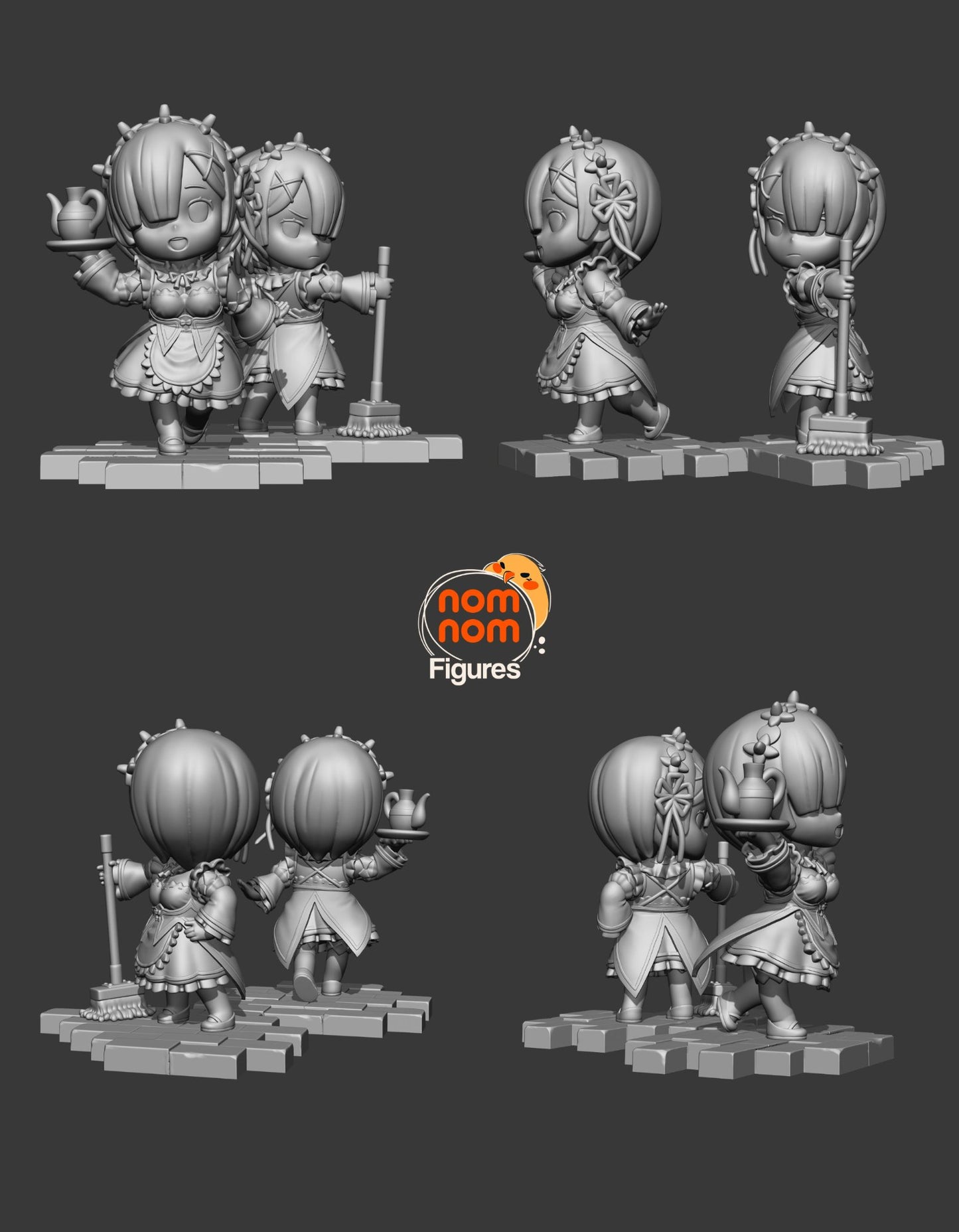 Image of Rem and Ram chibi miniatures in grayscale, featuring cobblestone bases and detailed maid outfits.