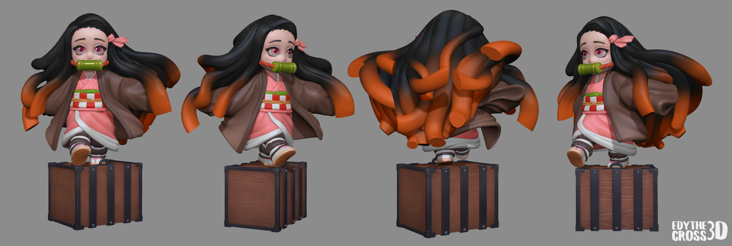 Multiple angles of Chibi Nezuko figurine, showcasing her dynamic pose, travel box, and intricate hair design.