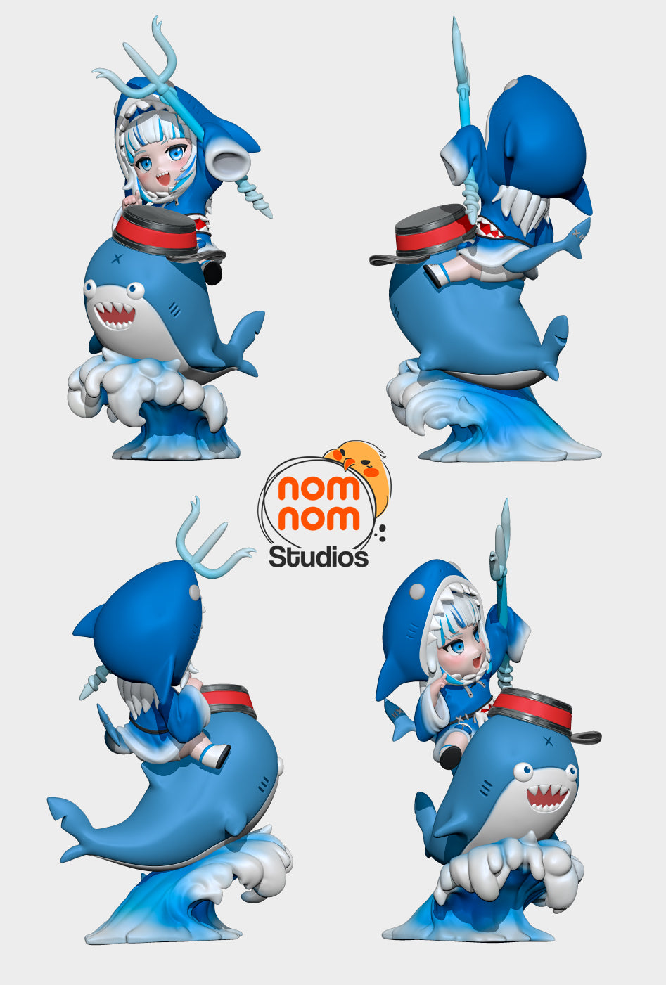 Multiple angles of the Chibi Gawr Gura figurine, highlighting her shark companion, trident, and dynamic pose.