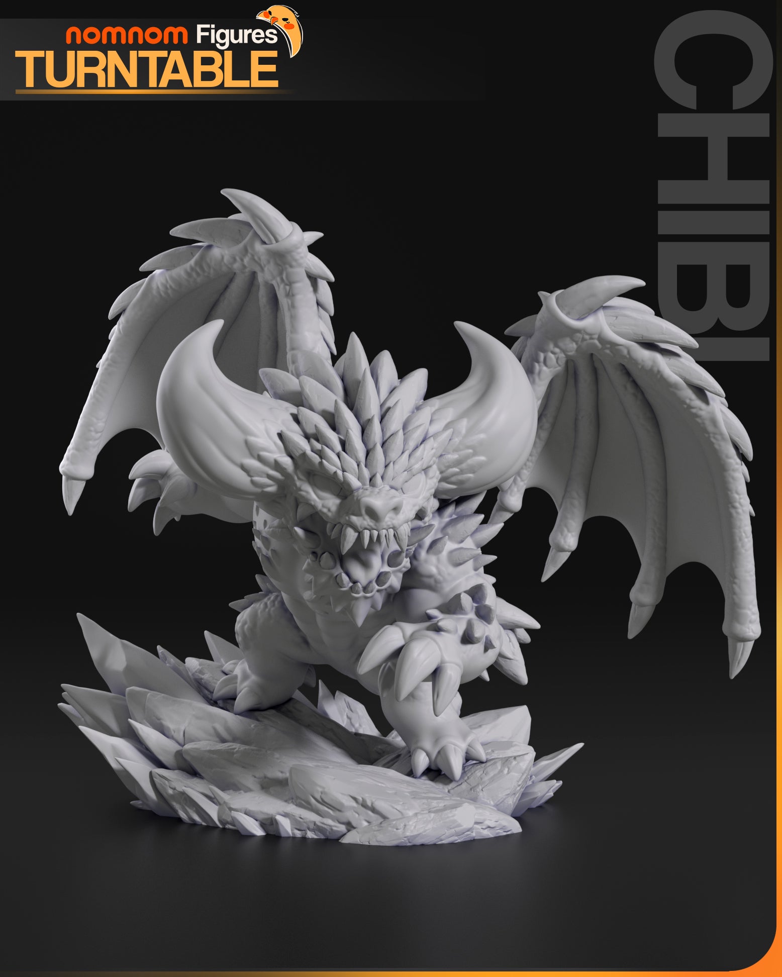 Chibi Nergigante figure front view with wings spread, standing on crystal base, Monster Hunter World collectible.