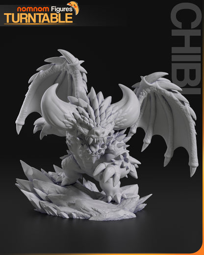 Chibi Nergigante figure front view with wings spread, standing on crystal base, Monster Hunter World collectible.