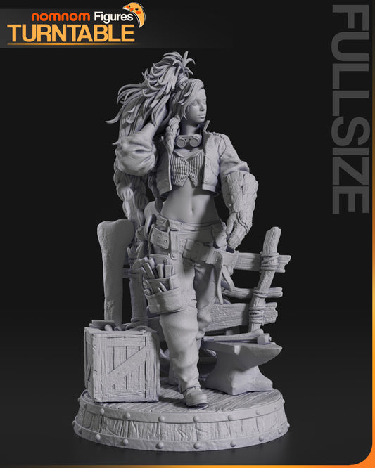 Full-size unpainted Gemma figure posed casually, hand in hair, with smithing tools, anvil, and crate on a riveted circular base.

