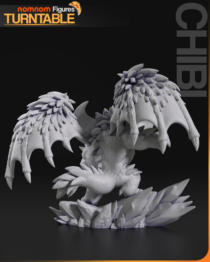 Rear view of Chibi Nergigante collectible showing scale detail and crystal base.
