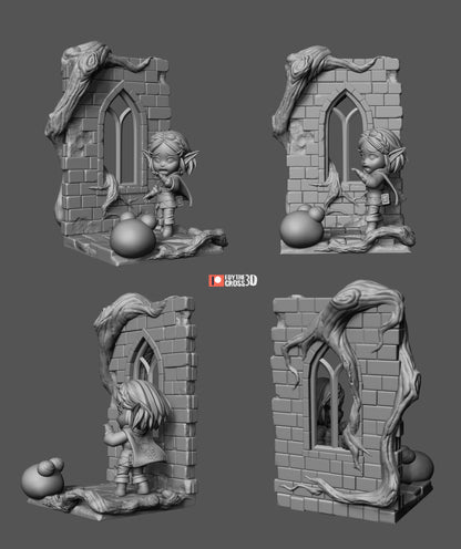 Four-angle turnaround of chibi Zelda confronting chuchu jelly in a ruined shrine diorama.