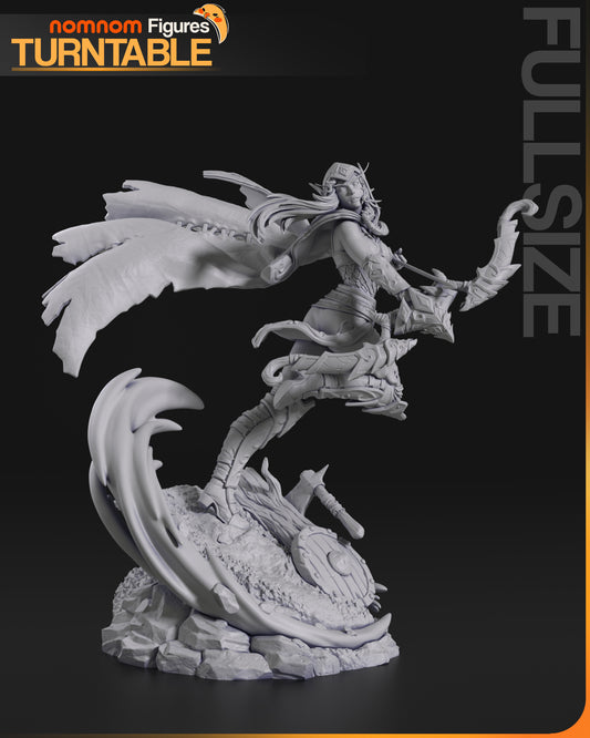 Alleria Windrunner full 1:10 scale statue side view, posed mid-leap with flowing cape and raised bow, standing on a rocky base with broken weapons.