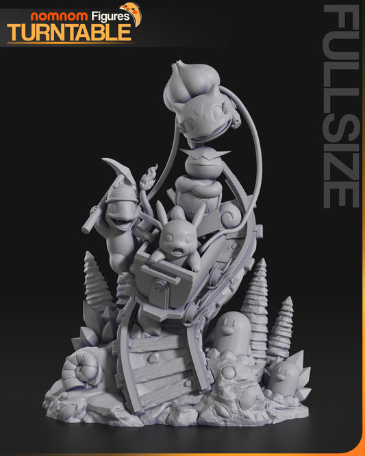 Pikachu minecart diorama grey render front view with Pikachu in cart, Charmander climbing, Bulbasaur above, Squirtle behind, cave terrain, and stones.