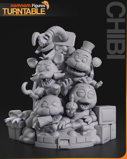 five nights at freddy’s chibi diorama grayscale render showing freddy bonnie chica foxy and arcade claw arm stacked on round base
