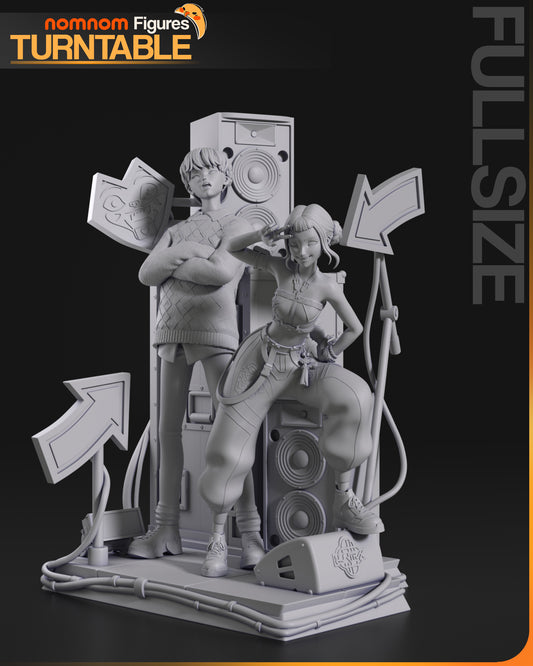 Full-size 3D render of Zoey and Saja Boy from K-Pop Demon Hunters standing on stage with speakers and arrows.