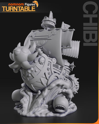 Front view of Chibi Thousand Sunny unpainted 3D model, featuring the detailed lion prow, large main sail with skull emblem, curved waves, and small sea creatures at the base.