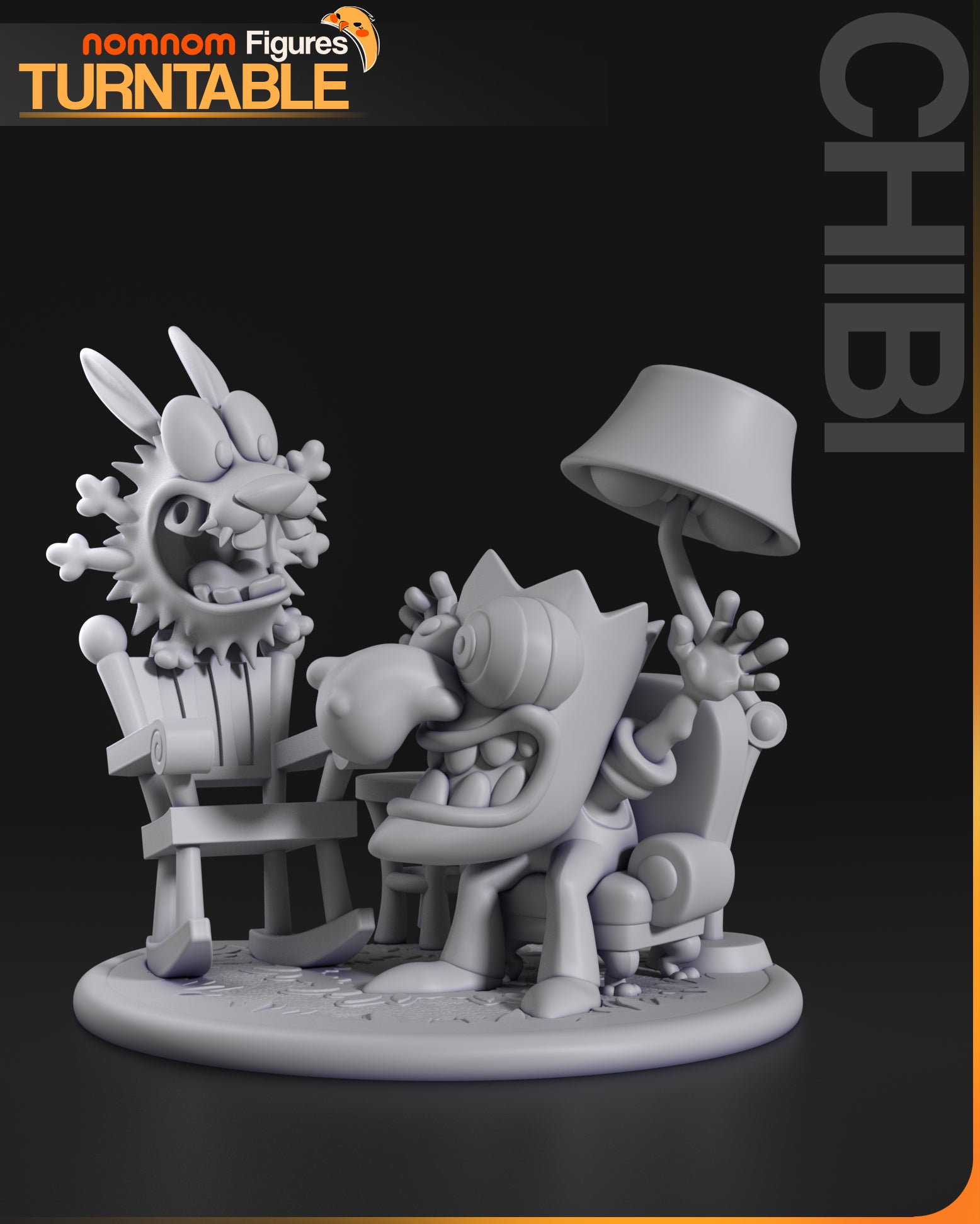 Chibi Courage the Cowardly Dog collectible figure front view featuring Courage reacting in panic, secondary character in rocking chair, living room props, expressive faces, and circular display base