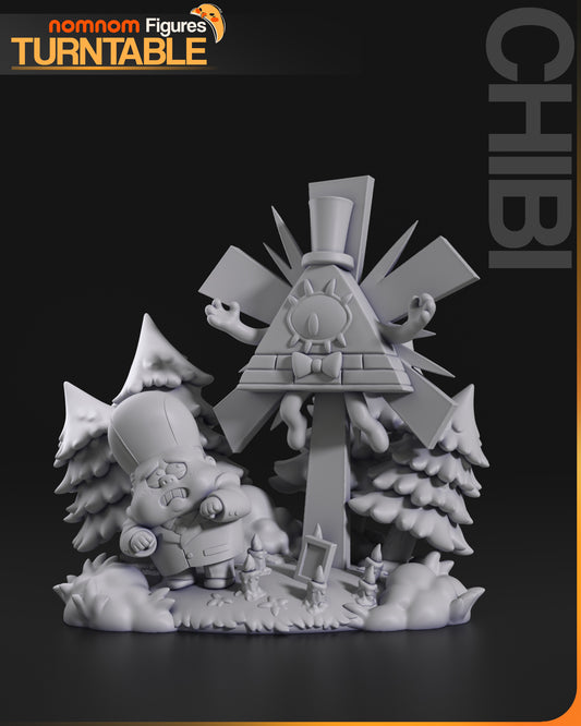 Chibi Bill Cipher collectible showing all six assembled parts including Bill, a frightened character, stylized trees, and forest base with candles.
