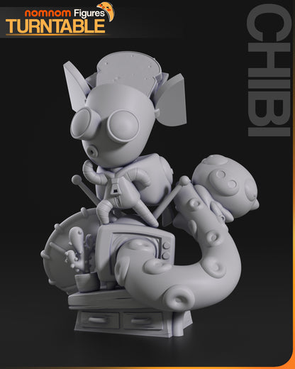Chibi GIR Invader Zim collectible figure front view showing toast hat goggles backpack and TV base