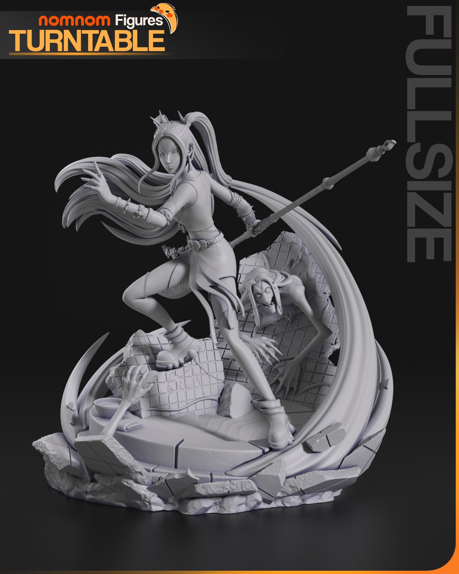 Full-size unpainted Mira 1:10 scale statue showing dynamic pose, flowing hair, and detailed base featuring a crawling demon.