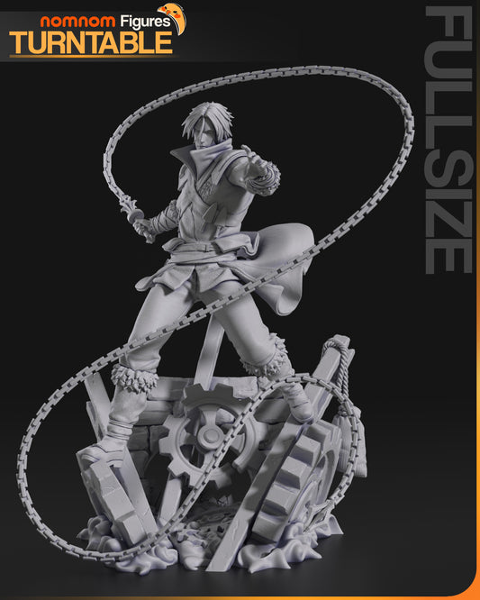 Front action pose of Trevor Belmont with chain whip mid-motion, ready for battle on gear-laden terrain