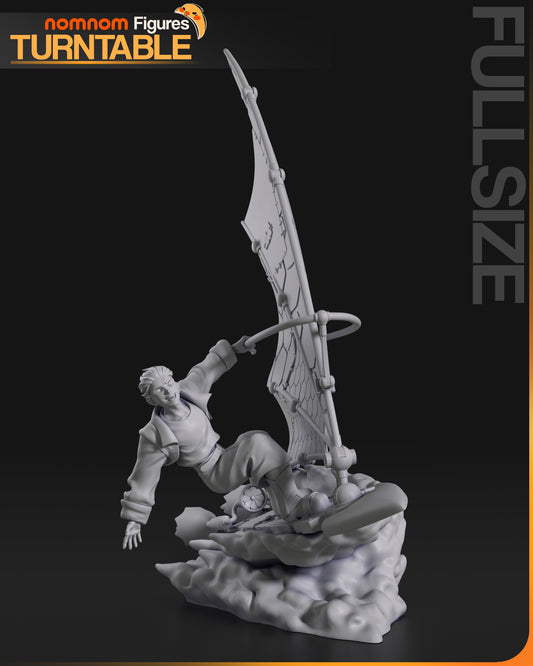 Front view of space sailor display model posed on a swirling cloud base, gripping the sail with one hand and looking ahead.