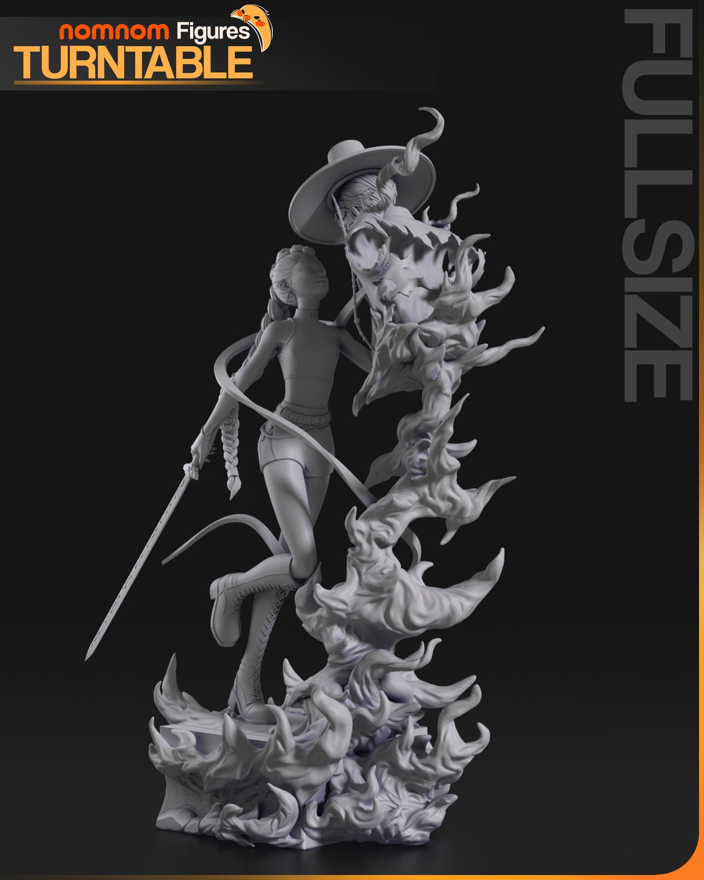 Rumi dynamic statue with flame base, long braid, and demon mask enemy – K-Pop Demon Hunters 1:10 scale.