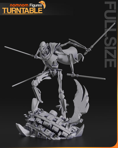 Front view of General Grievous posed on wreckage, arms outstretched with lightsabers, mechanical details visible in his cybernetic limbs.