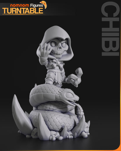 Full 3D render of unpainted Chibi Skeletor standing on a coiled snake