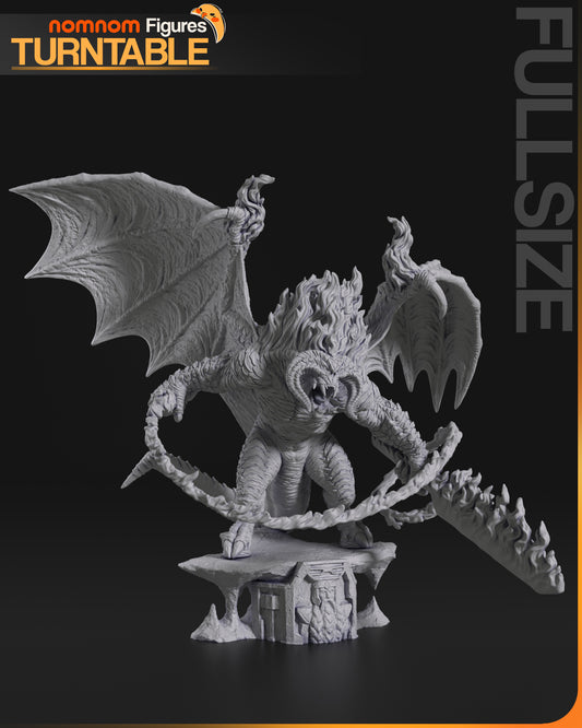 Full-size front view – Balrog 1:10 scale statue standing on a rocky base, wielding its flaming whip.
