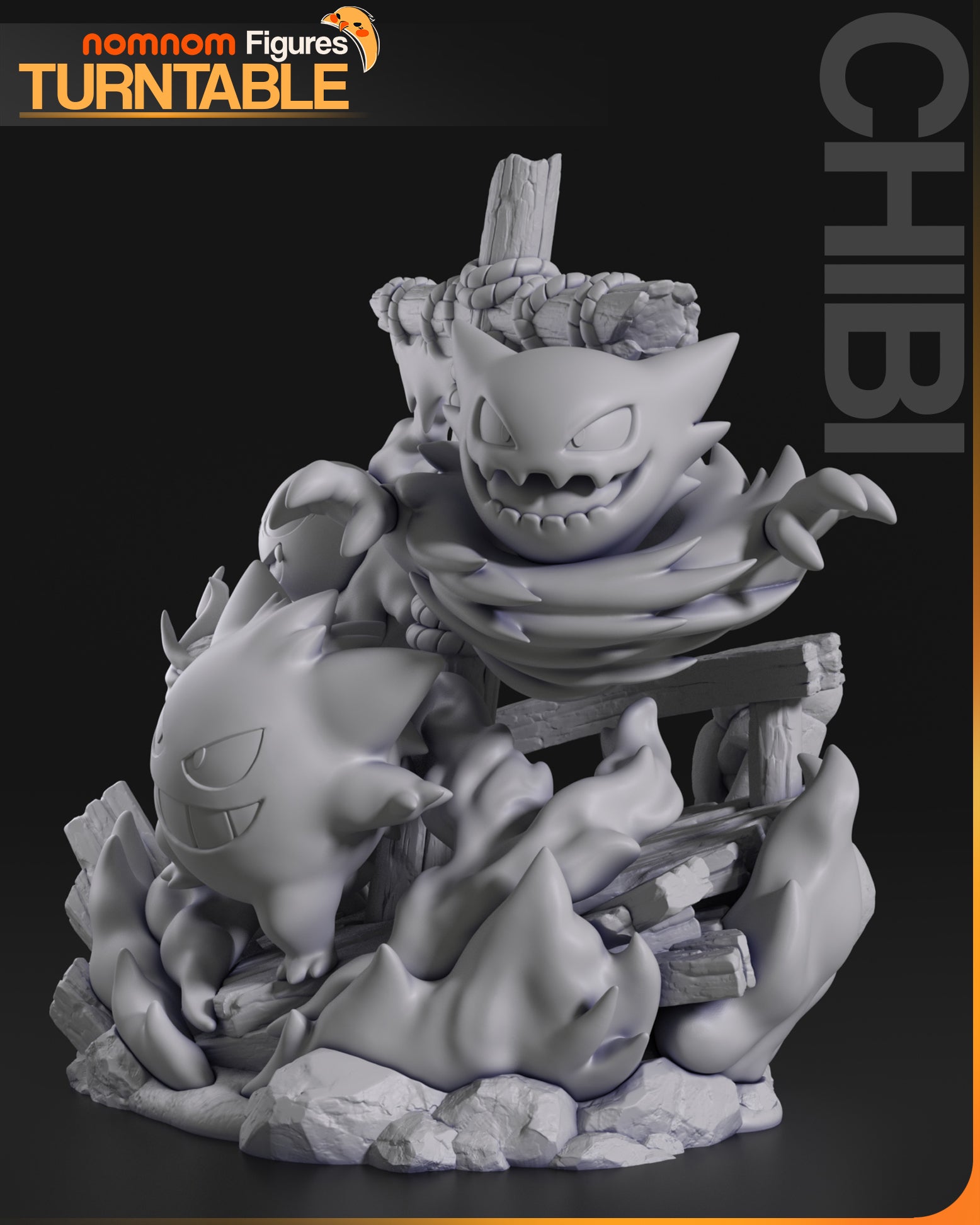 Side view of the unpainted Ghosts Diorama with Haunter lunging forward, Gengar crouched aggressively, and swirling ghost flames surrounding the base of the wrecked deck.