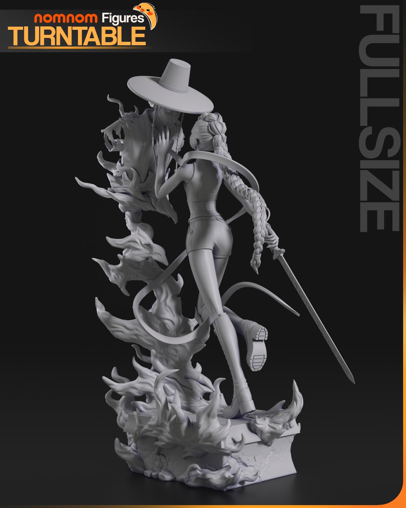 Rumi back view collectible statue with sword drawn and flame effects rising – K-Pop Demon Hunters 1:10 scale.