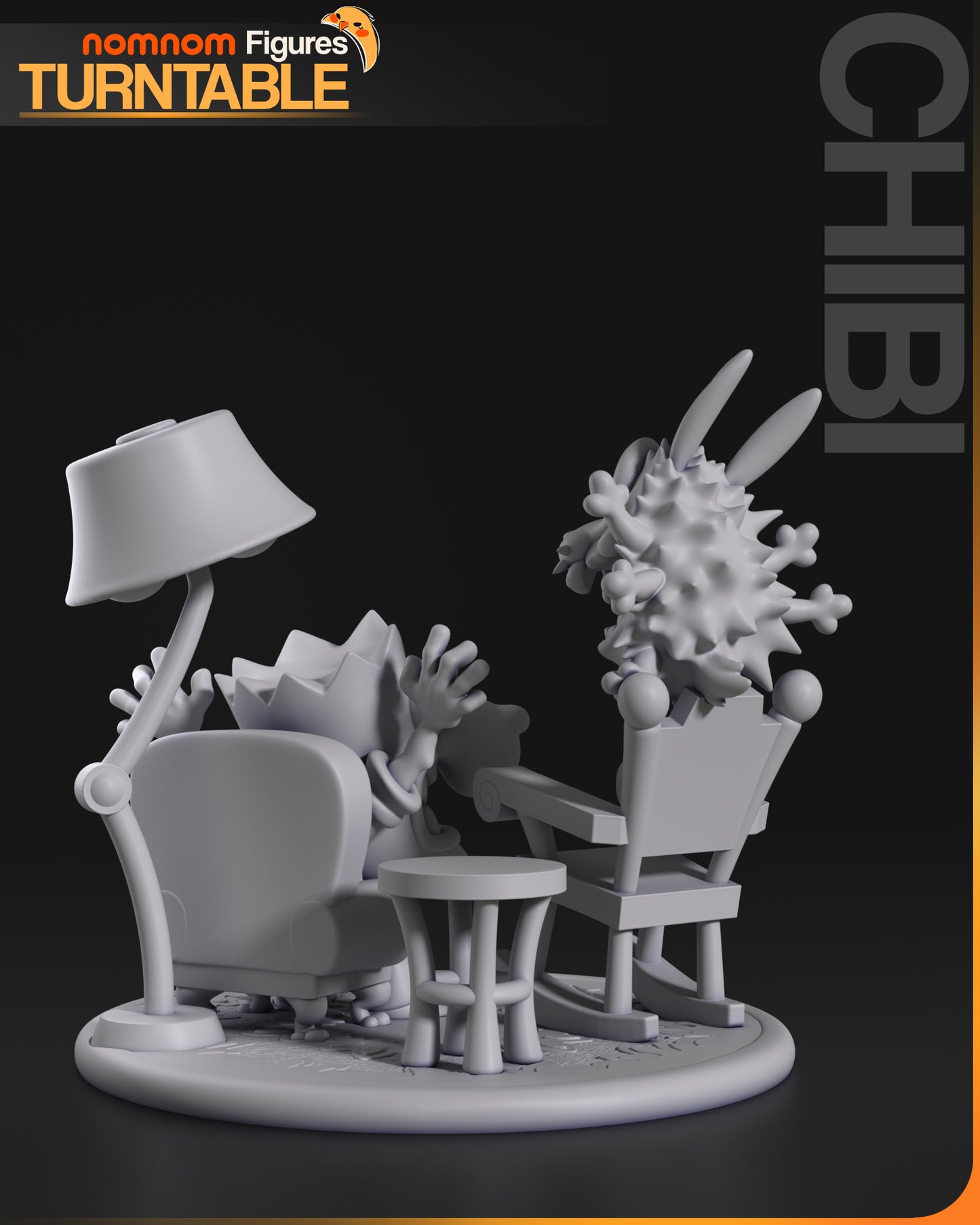 Chibi Courage the Cowardly Dog collectible figure rear angle showing seated character pose, chair and side table props, floor lamp accessory, textured round base, and exaggerated cartoon proportions