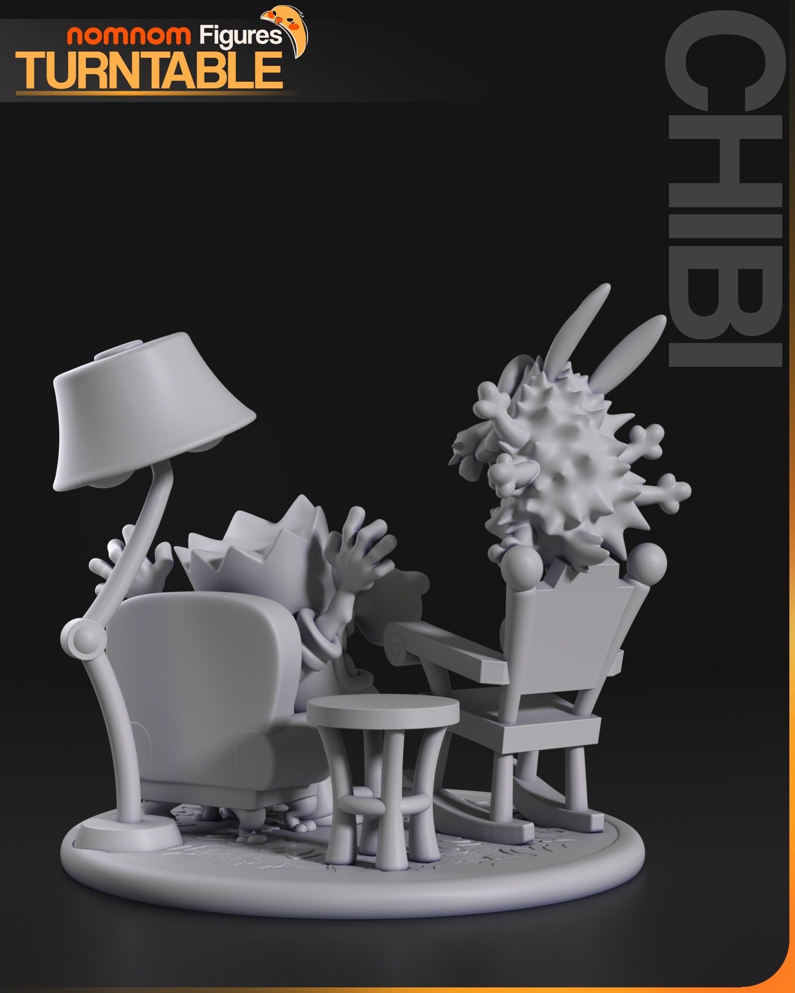 Chibi Courage the Cowardly Dog collectible figure rear angle showing seated character pose, chair and side table props, floor lamp accessory, textured round base, and exaggerated cartoon proportions