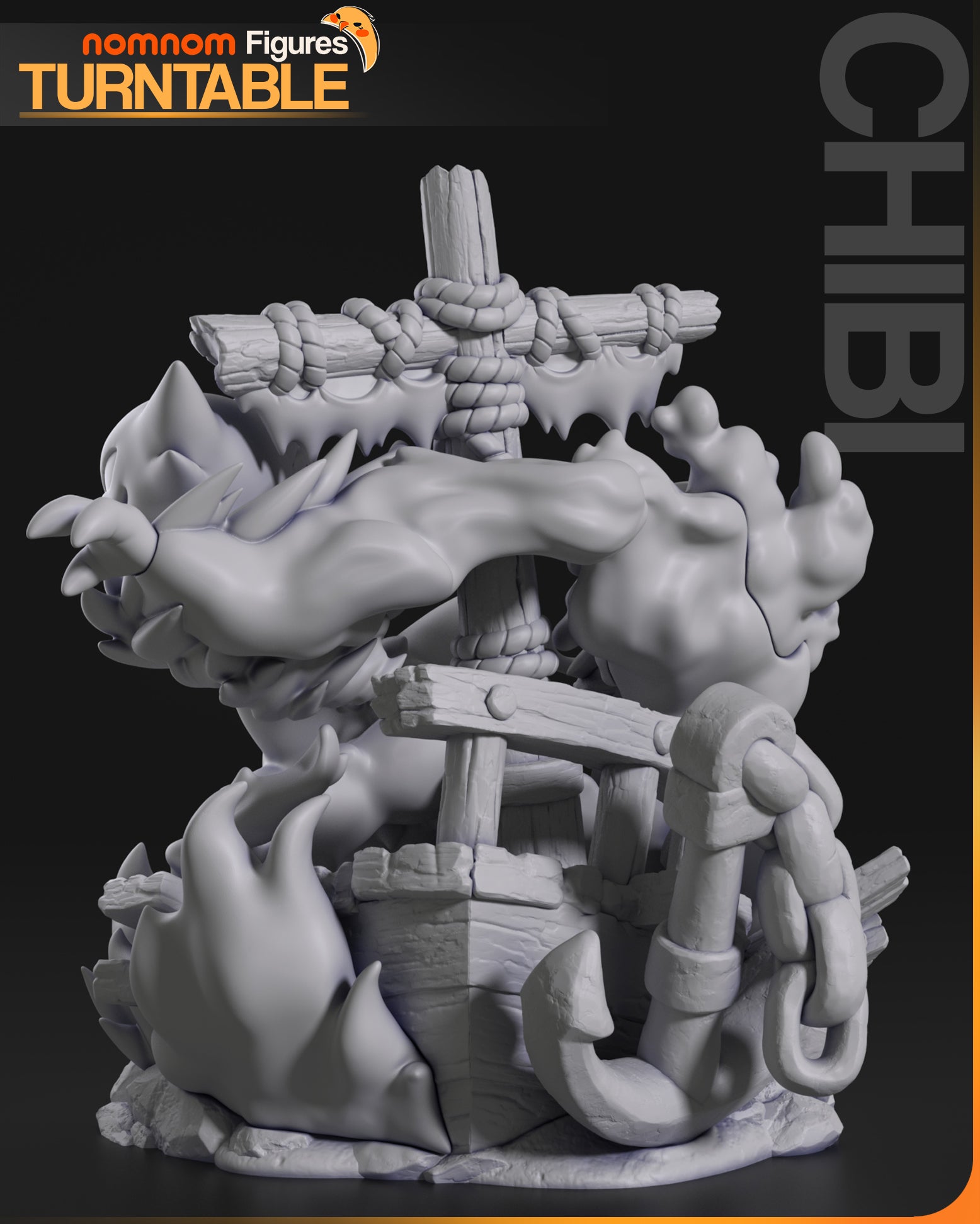 Grayscale rear view of the Ghosts Diorama showing Haunter's back, the wrapped mast, anchor detail, and planks forming the broken ship structure in a swirling base of ghostly energy.