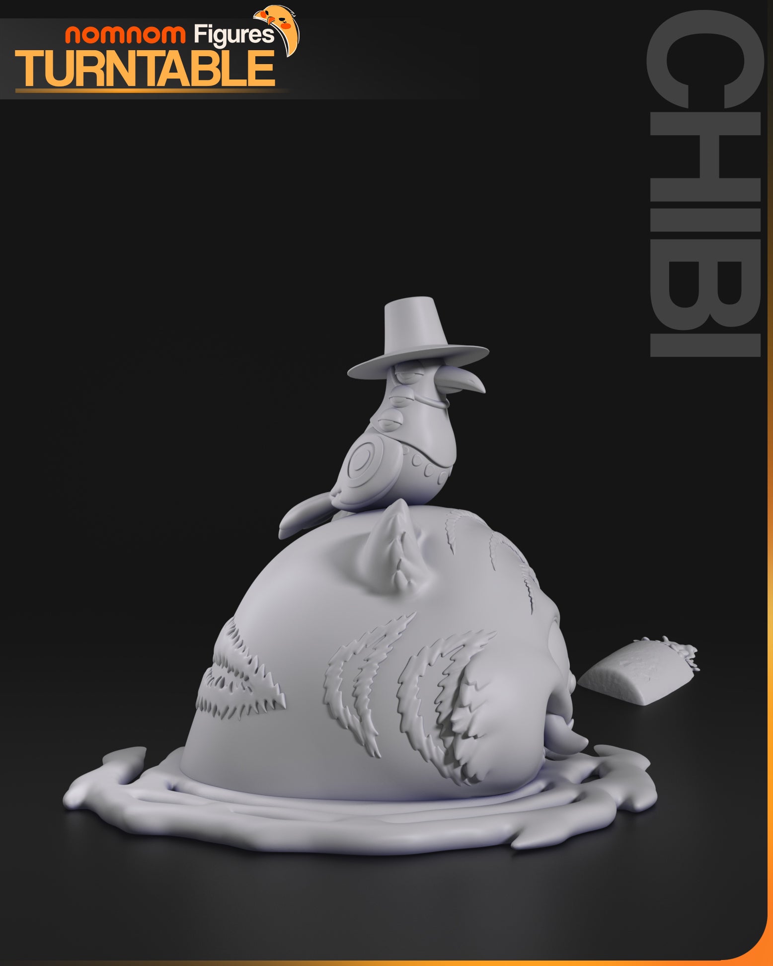 Side render of Chibi Derpy Cat & Sussie figurine showing melted puddle base and perched crow
