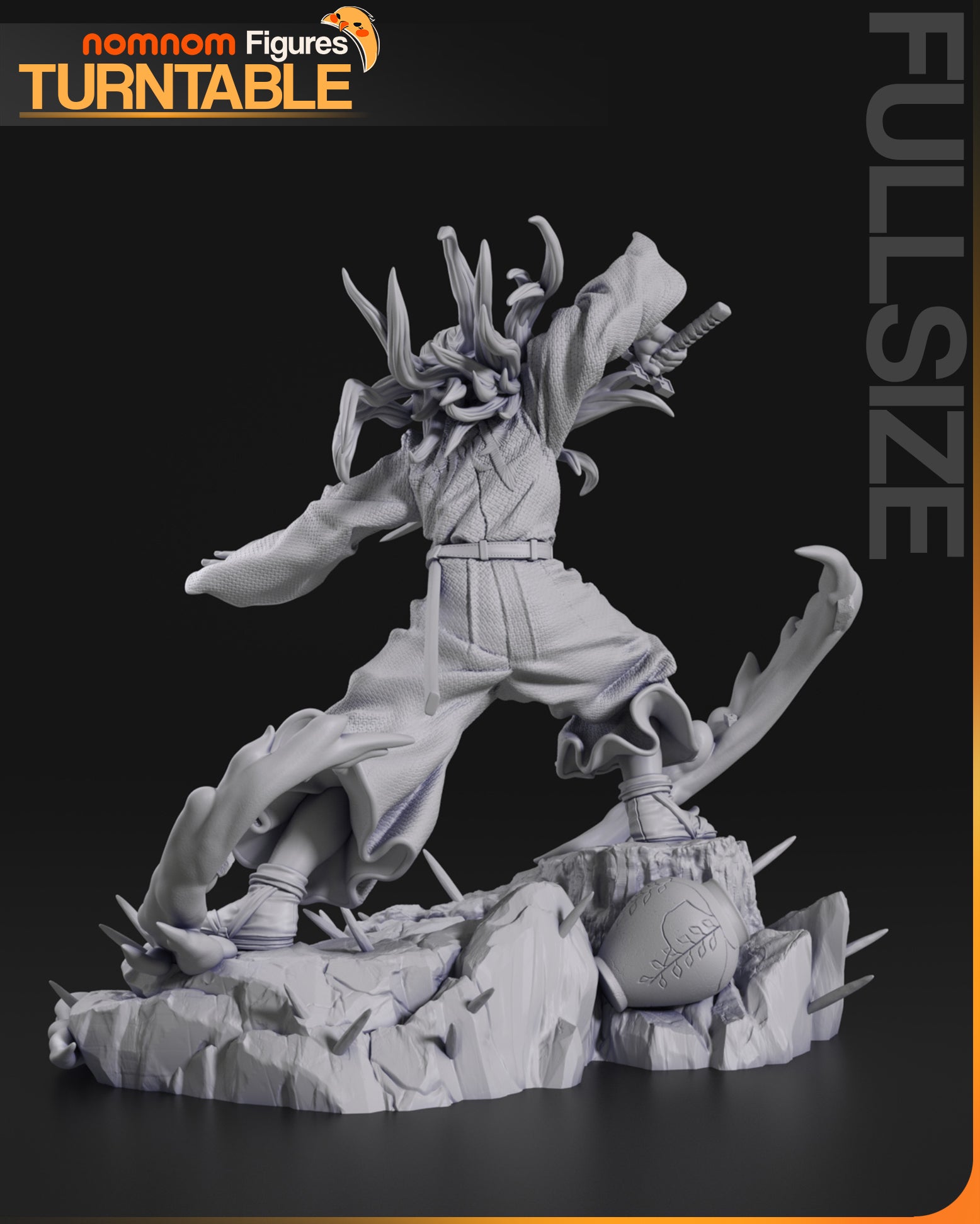 Muichiro Demon Slayer 1:10 scale collectible back view showing detailed robes, flowing hair, rocky base, and sword